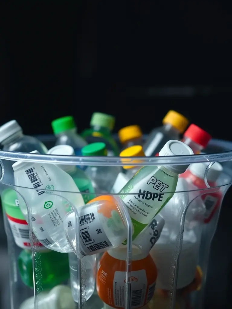 A close-up shot of various types of recyclable plastics sorted into a clear recycling bin, showcasing the different resin codes and types of plastics accepted by Casper Curbside Recycling.