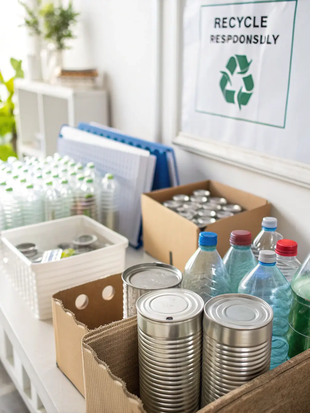 A collection of clean and empty metal cans, including aluminum and steel, ready for recycling, with a focus on the proper preparation methods for Casper Curbside Recycling.